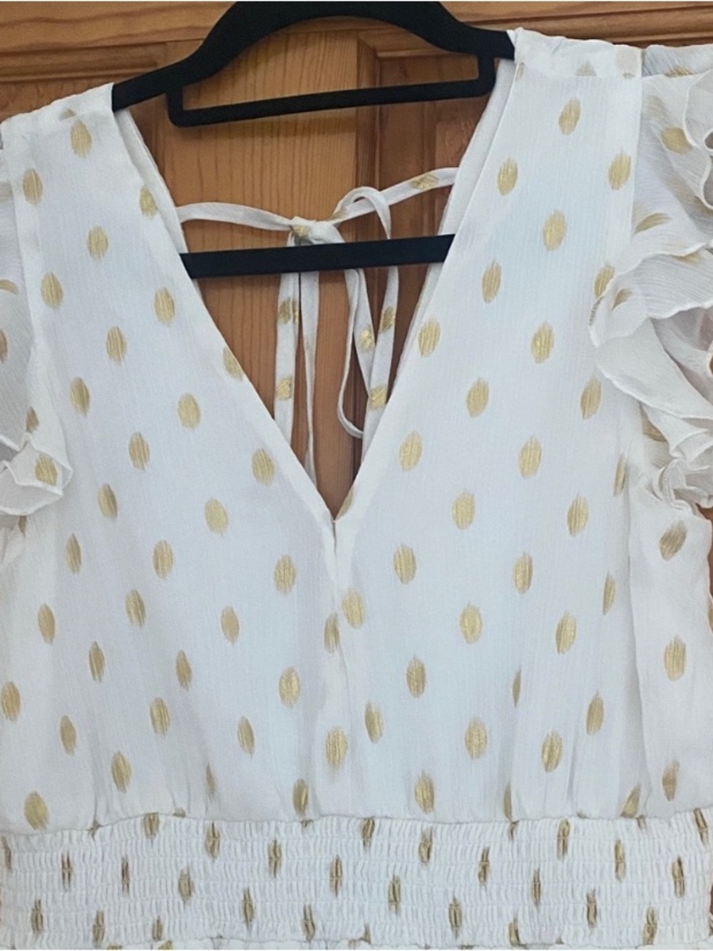 Lulus White Gold Polka Dot Midi Dress Ruffle Sleeve Tie Back Spring Summer M - Picture 6 of 11